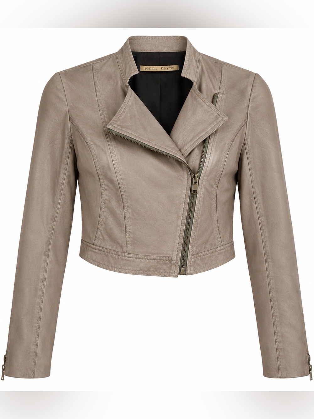 Jenni Kayne Taupe Cropped Leather Moto Jacket 100% Silk Lined